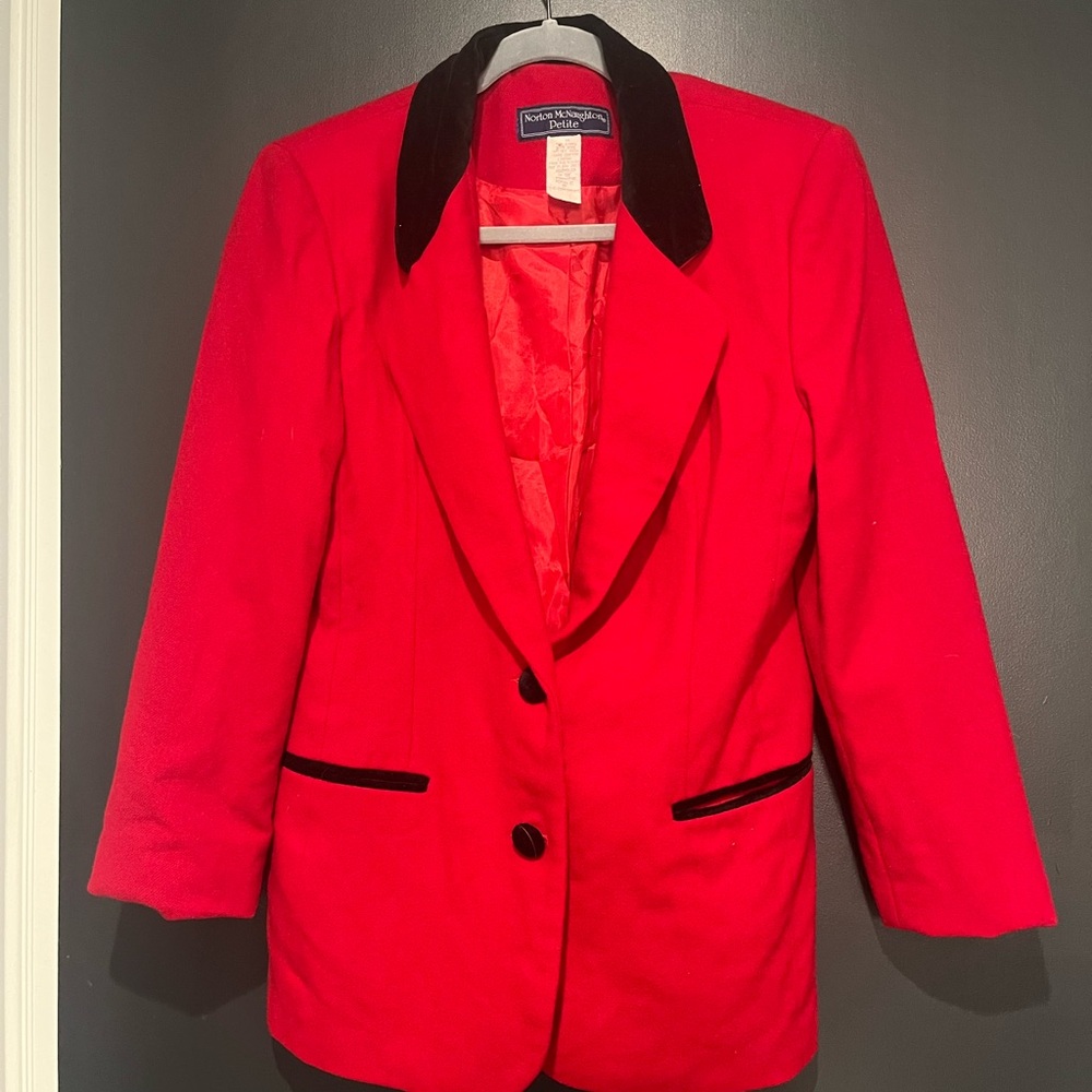 Vintage Red Wool Women's Blazer with Black Velvet Accents size Small